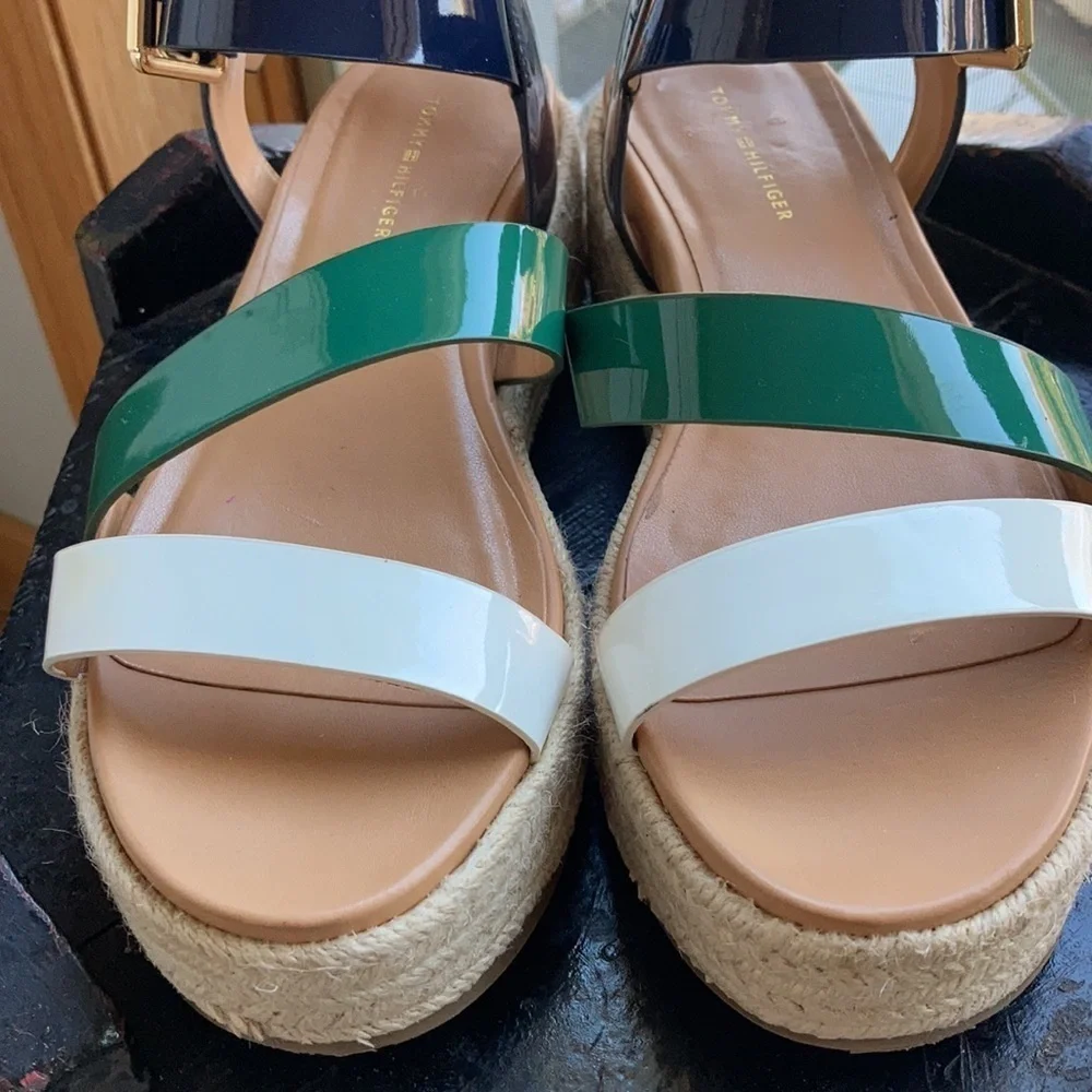 Tommy Hilfiger Marri Flatform espadrille navy, green and white strap sandal